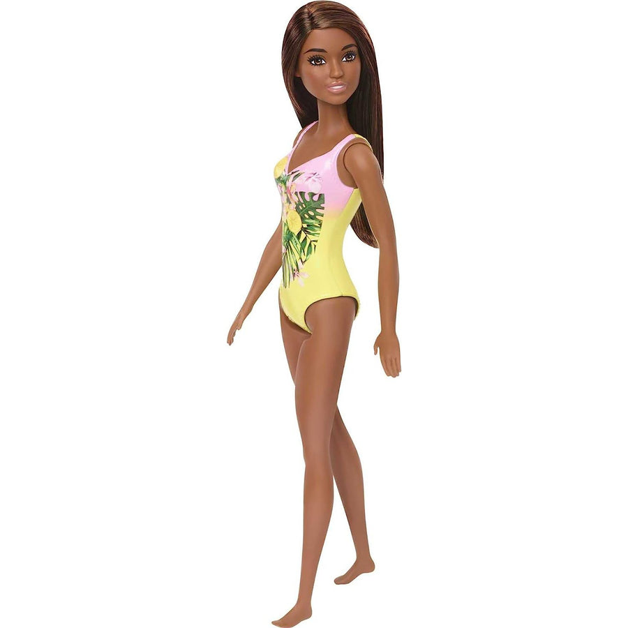 Barbie Doll Features Long Brunette Hair And Stylish Floral Swimsuit.