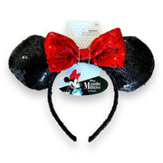 Disney Minnie Mouse Ears Headband With Red/Pink Bow With Sequins