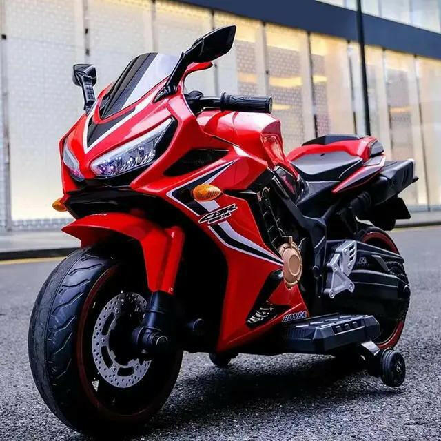 Kids Ride On Electric Motorcycle 12v7 Battery With Training Wheels Leather Seat.