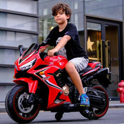 Kids Ride On Electric Motorcycle 12v7 Battery With Training Wheels Leather Seat.