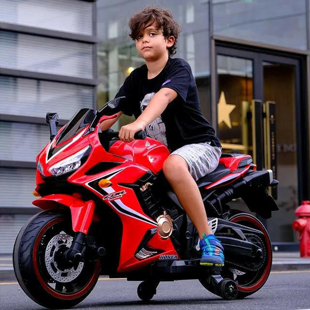 Kids Ride On Electric Motorcycle 12v7 Battery With Training Wheels Leather Seat.