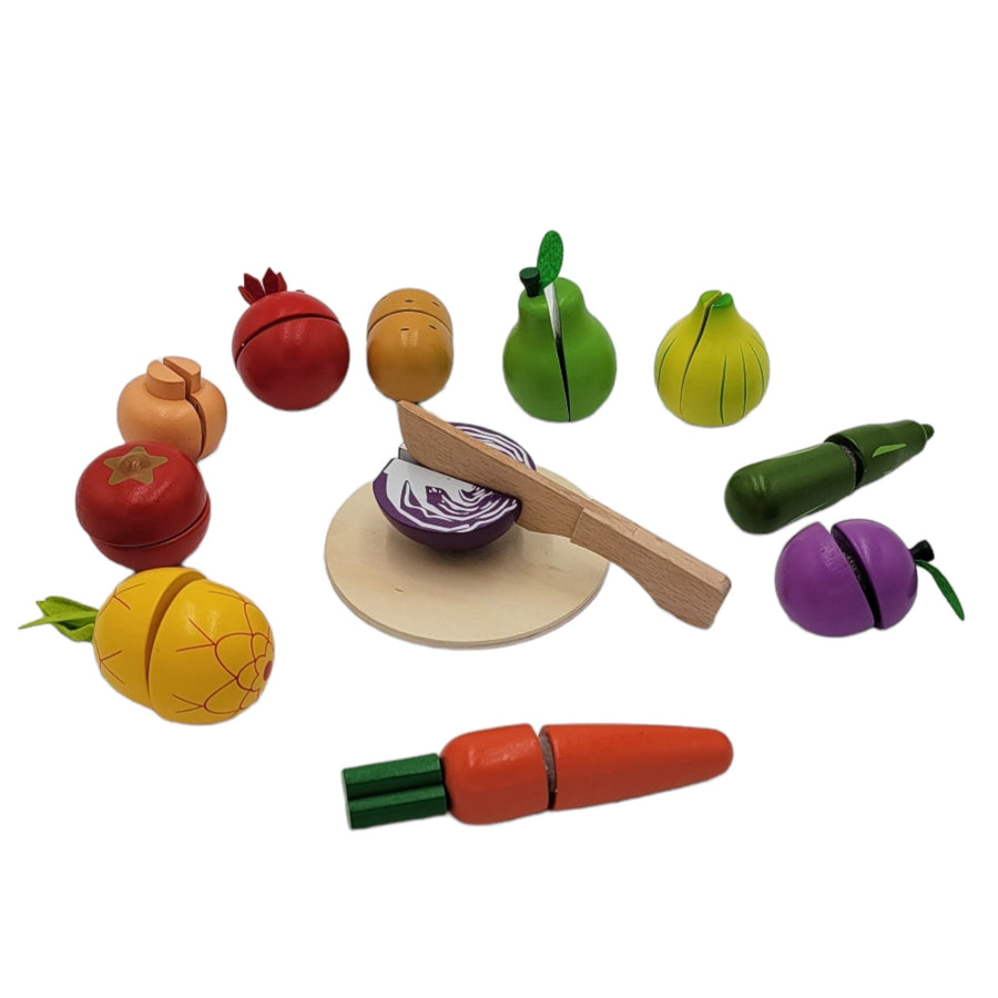 Kids Wooden Cutting Fruit And Vegetables Set With four slices of fruit, one sliceable knife