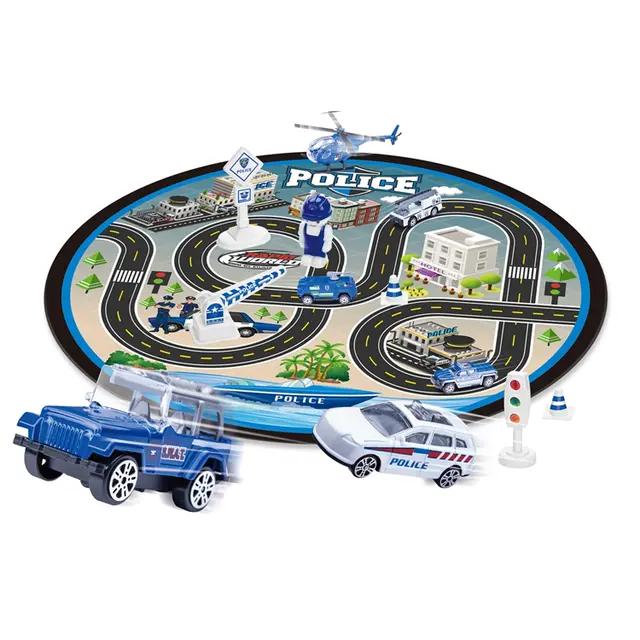 Police Metal Cars And A Helicopter With Storage Bag Mat 15 PCS Set