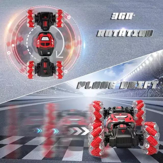 Skidding Stunt Twister Car With Remote Control Lights and Gesture Sensor Double Sided Rotating Off Road Vehicle Red