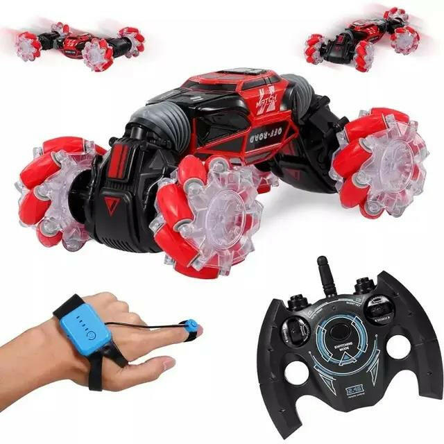 Skidding Stunt Twister Car With Remote Control Lights and Gesture Sensor Double Sided Rotating Off Road Vehicle Red