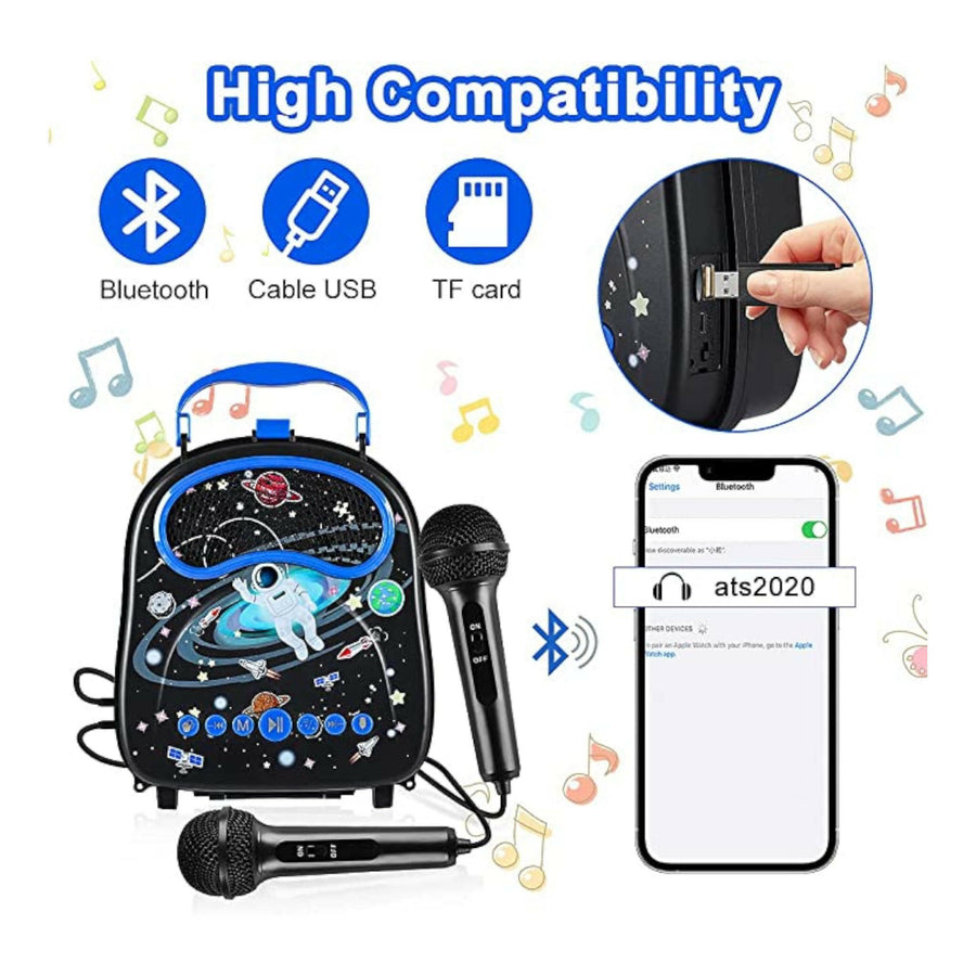 Space Astronaut Karaoke Singing Machine Speaker Black And Dark Blue For Boys And Girls Toddler Kids With 2 Microphones