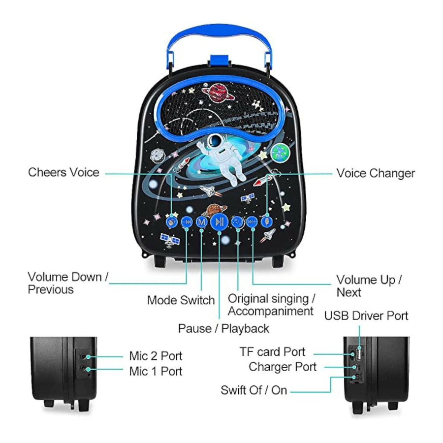 Space Astronaut Karaoke Singing Machine Speaker Black And Dark Blue For Boys And Girls Toddler Kids With 2 Microphones