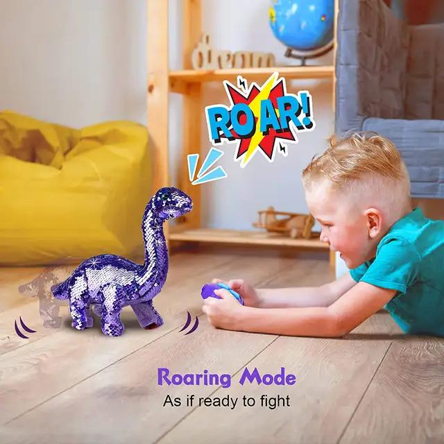 Sparkling Reversable Sequin Moving Electric Dinosaur With Roaring Sounds And Remote Control For Kids And Toddlers