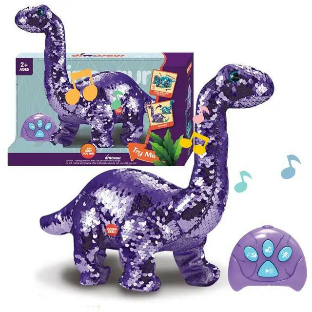 Sparkling Reversable Sequin Moving Electric Dinosaur With Roaring Sounds And Remote Control For Kids And Toddlers