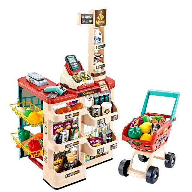 Supermarket Shopping Pretend Toy Set With Scanner Card Reader Sounds And Money And Shopping Cart