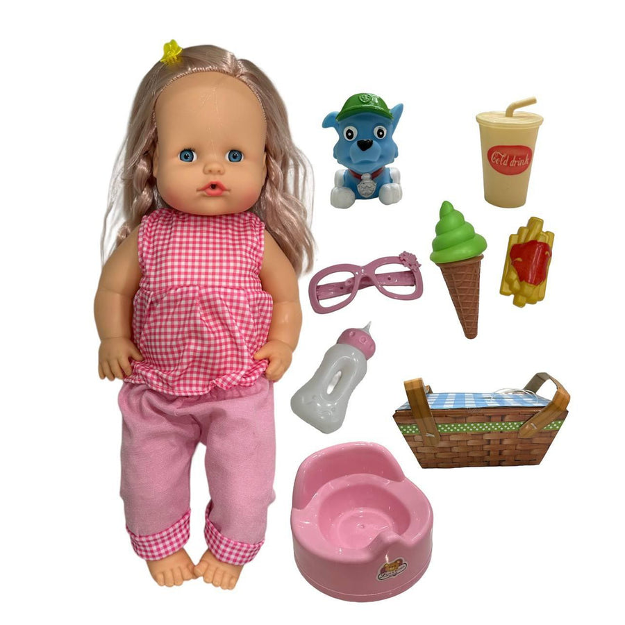 Talking Baby Doll With a Dog Picnic Bag 16In