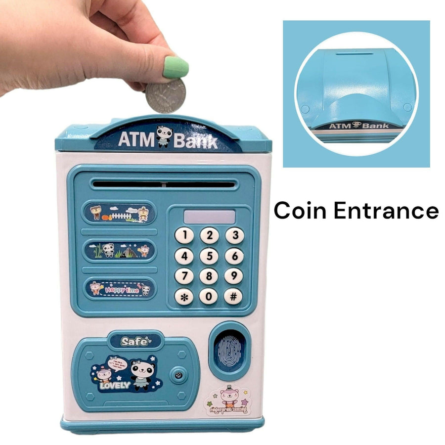 Fingerprint Piggy Bank Automatic Roll Money Coin Entry With Light, Sound Blue