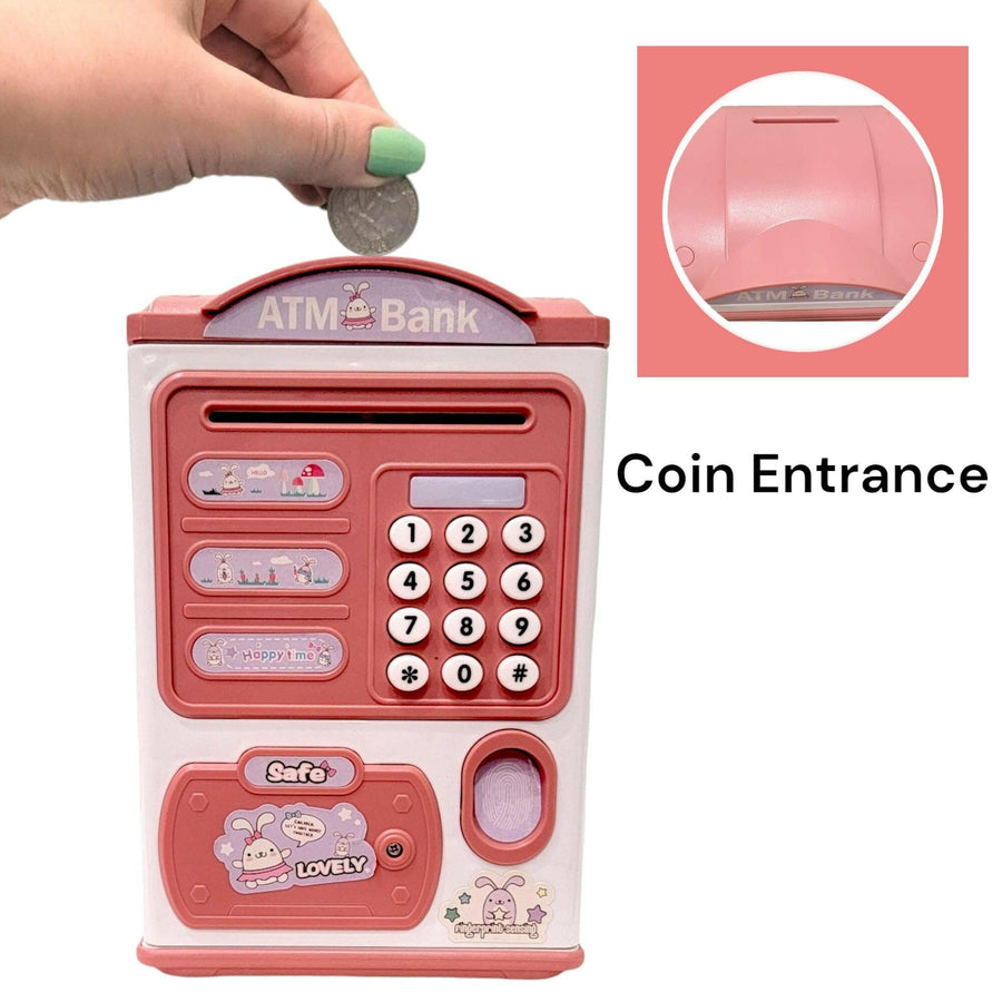 Fingerprint Piggy Bank Automatic Roll Money Coin Entry With Light, Sound Pink